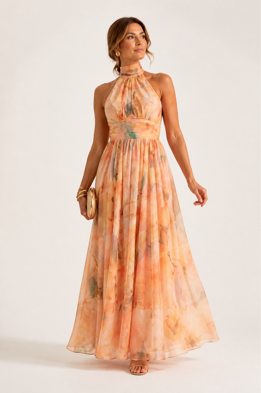 Alicia | Halter Neck Pleated Floral Print Maxi Dress