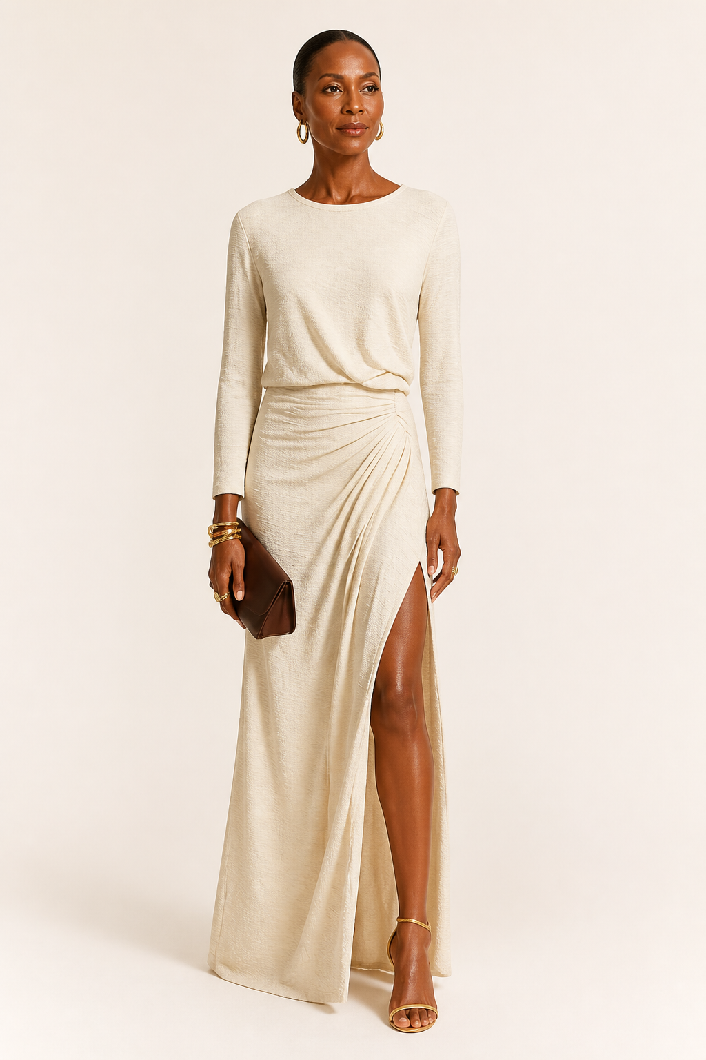 Beige Crew-Neck Slit Maxi Dress