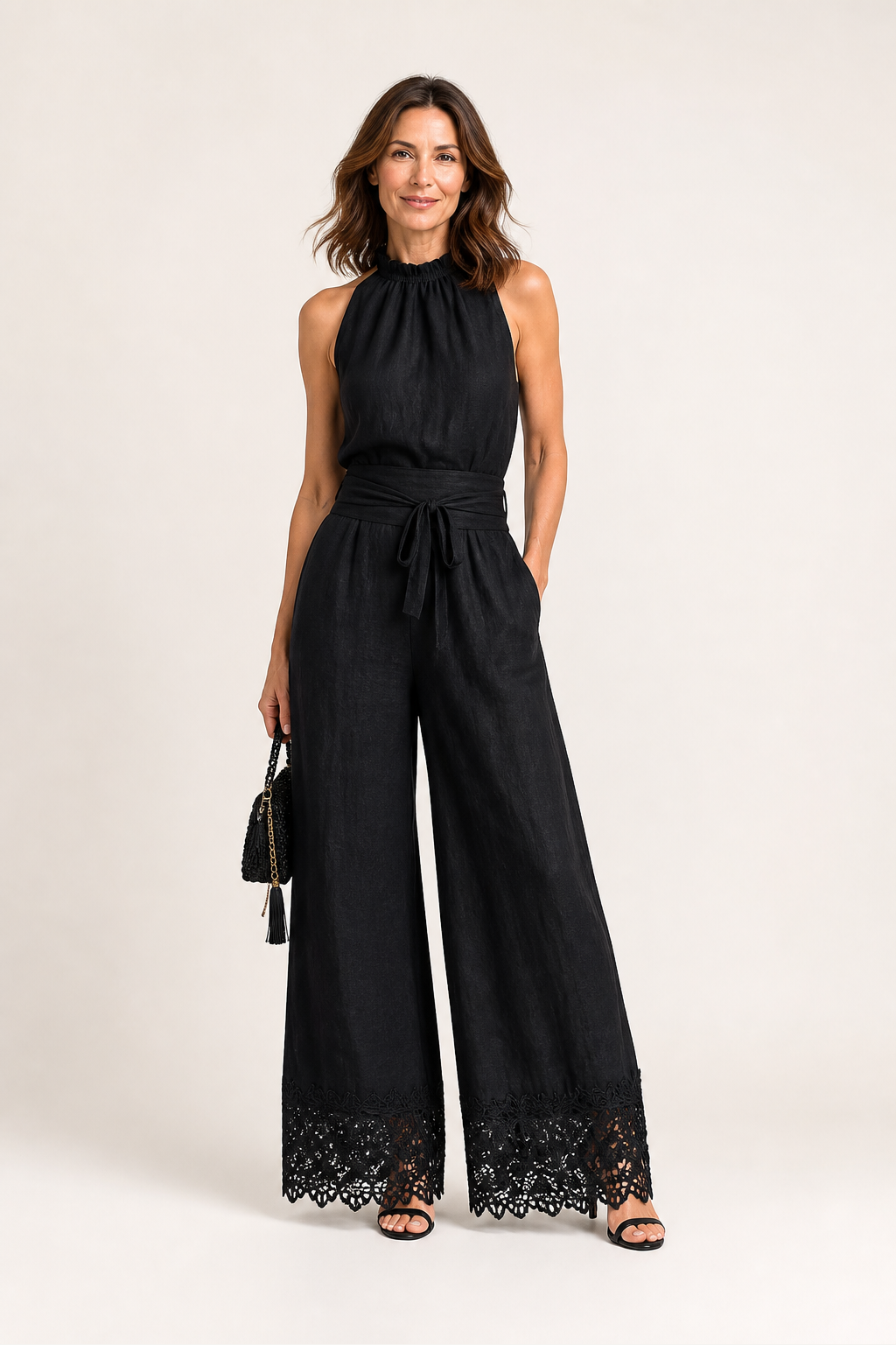 Black Lace-trimmed Wide-leg Pants Set