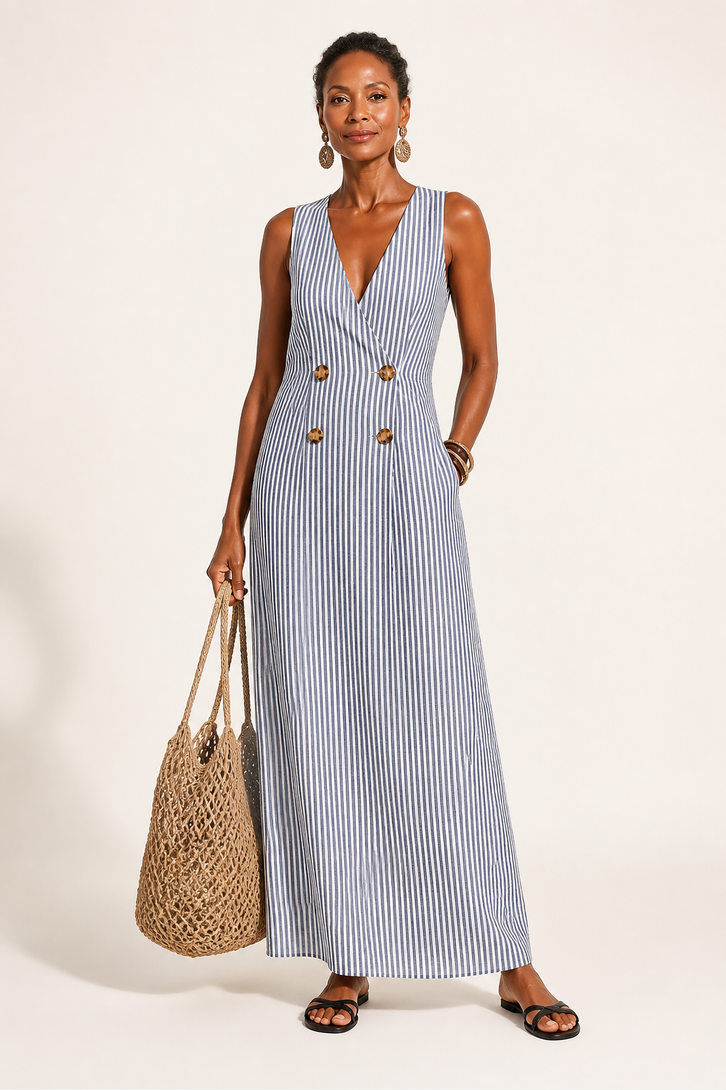 Blue-White Striped Maxi Dress