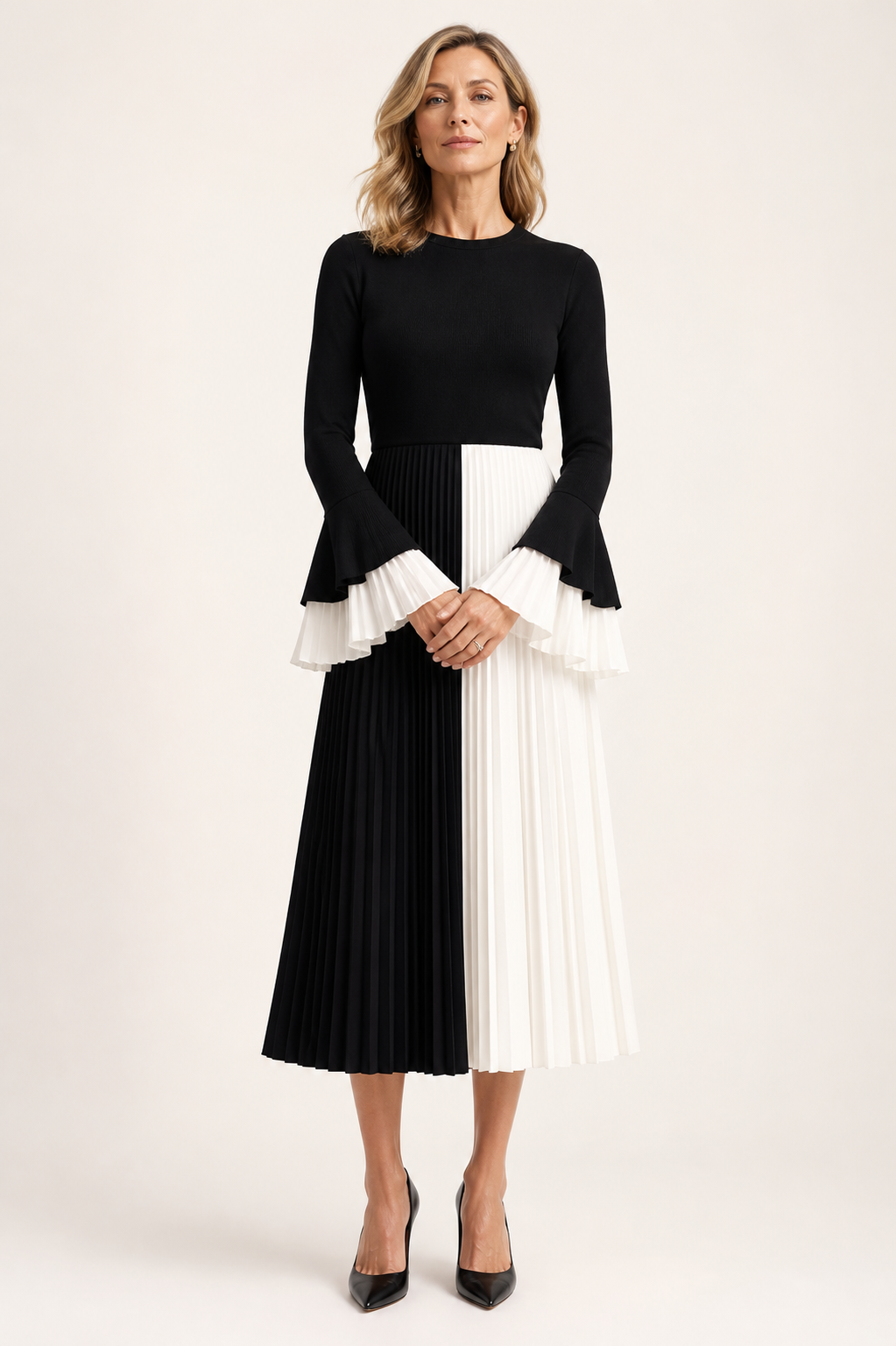 Contrast Pleated Midi Dress