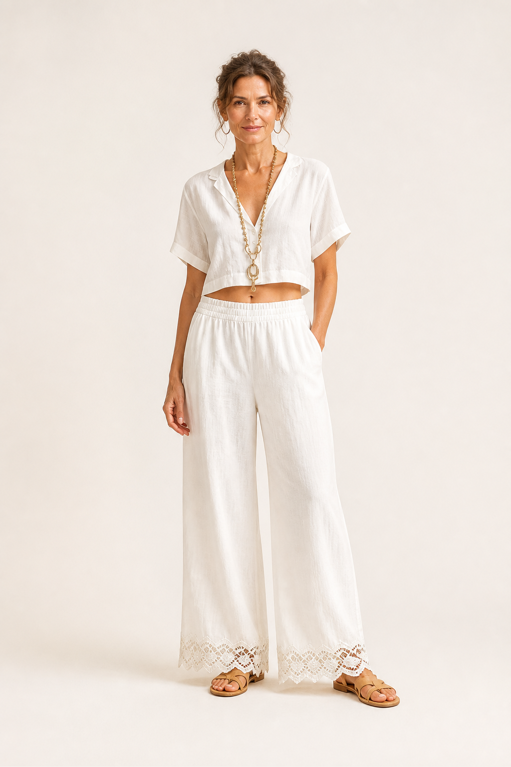 Cropped Top Lace Detail Pants Set