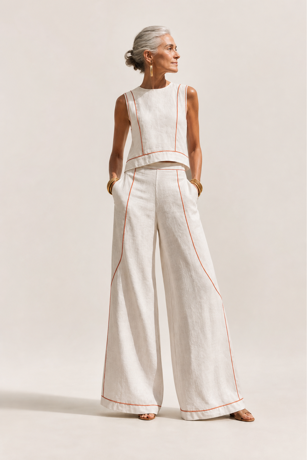 Elegant Contrast-Stitched Pants Set