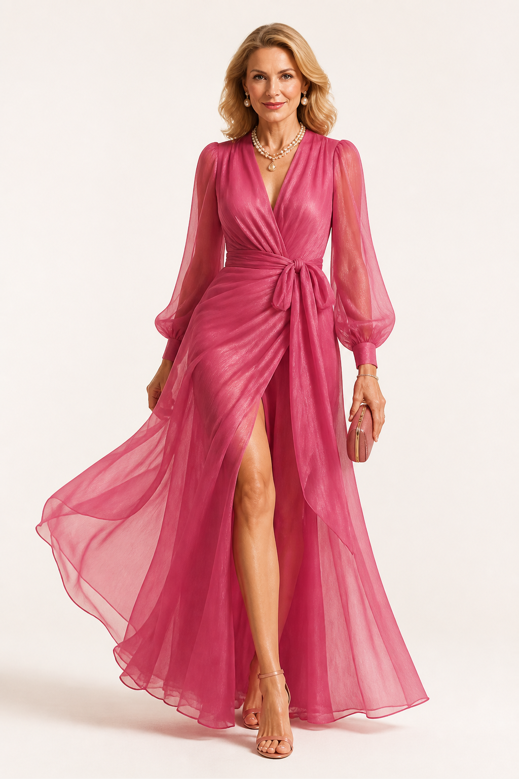 Elegant Pearl Chiffon V-Neck Maxi Dress