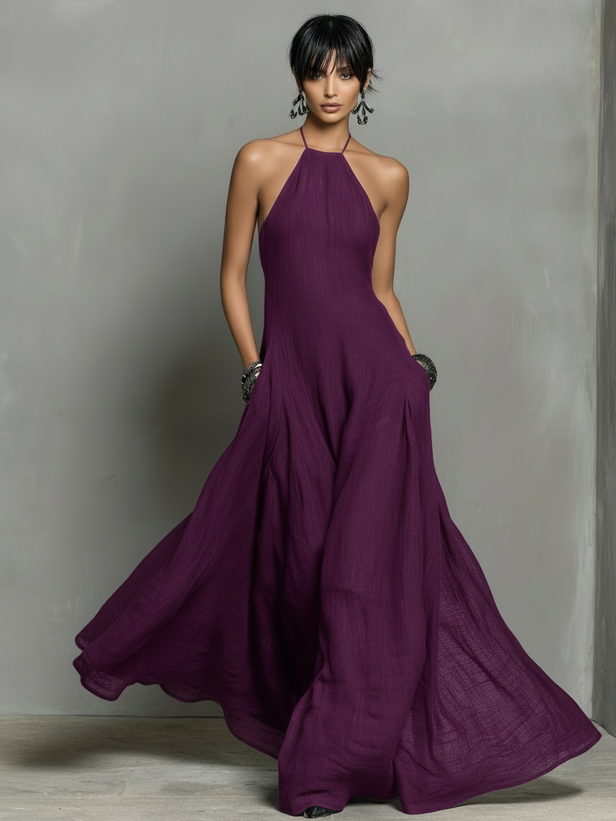 Linen Blend Halter Neck Maxi Dress