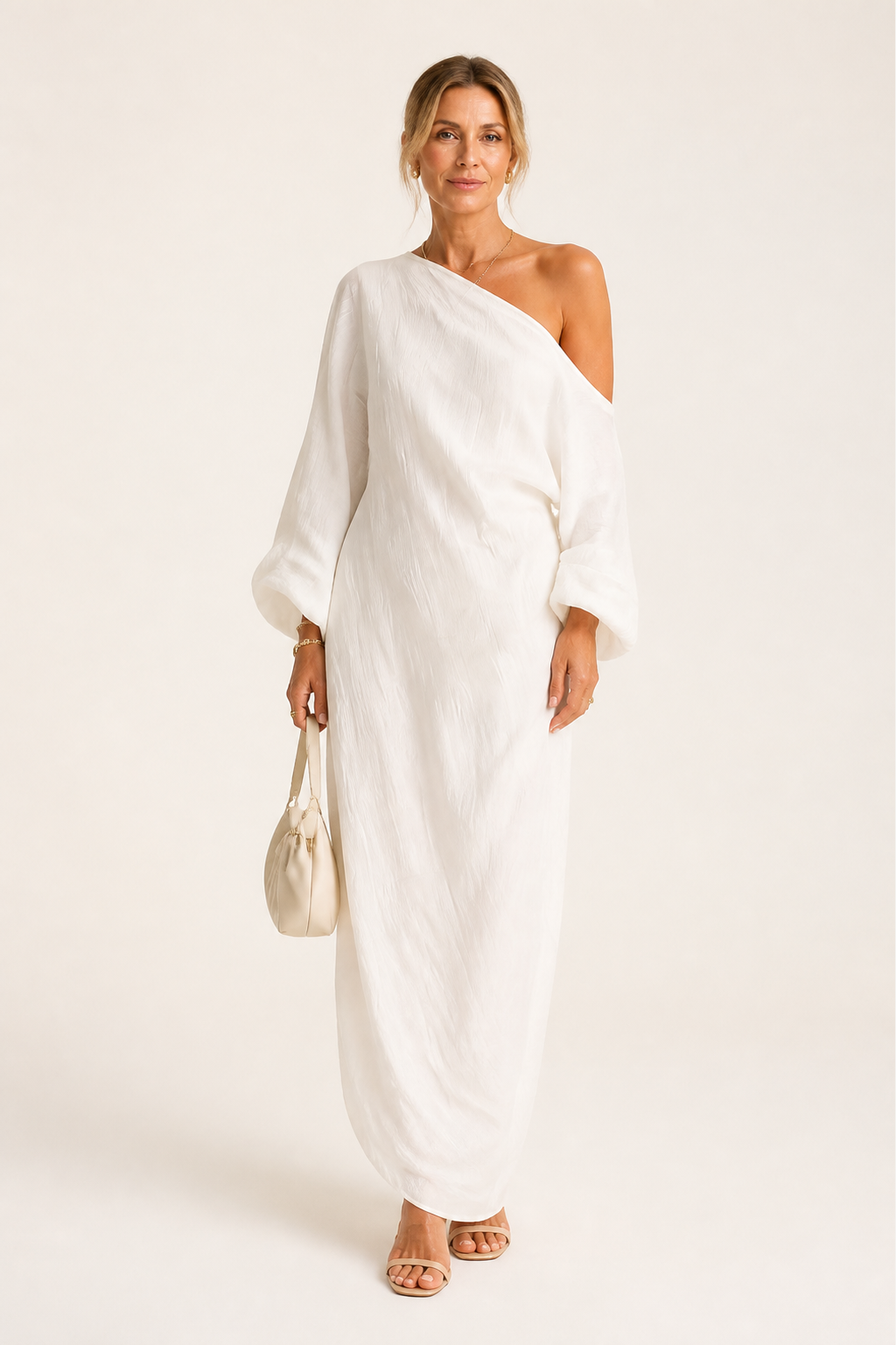 Ivory White One-Shoulder Cotton-Linen Maxi Dress
