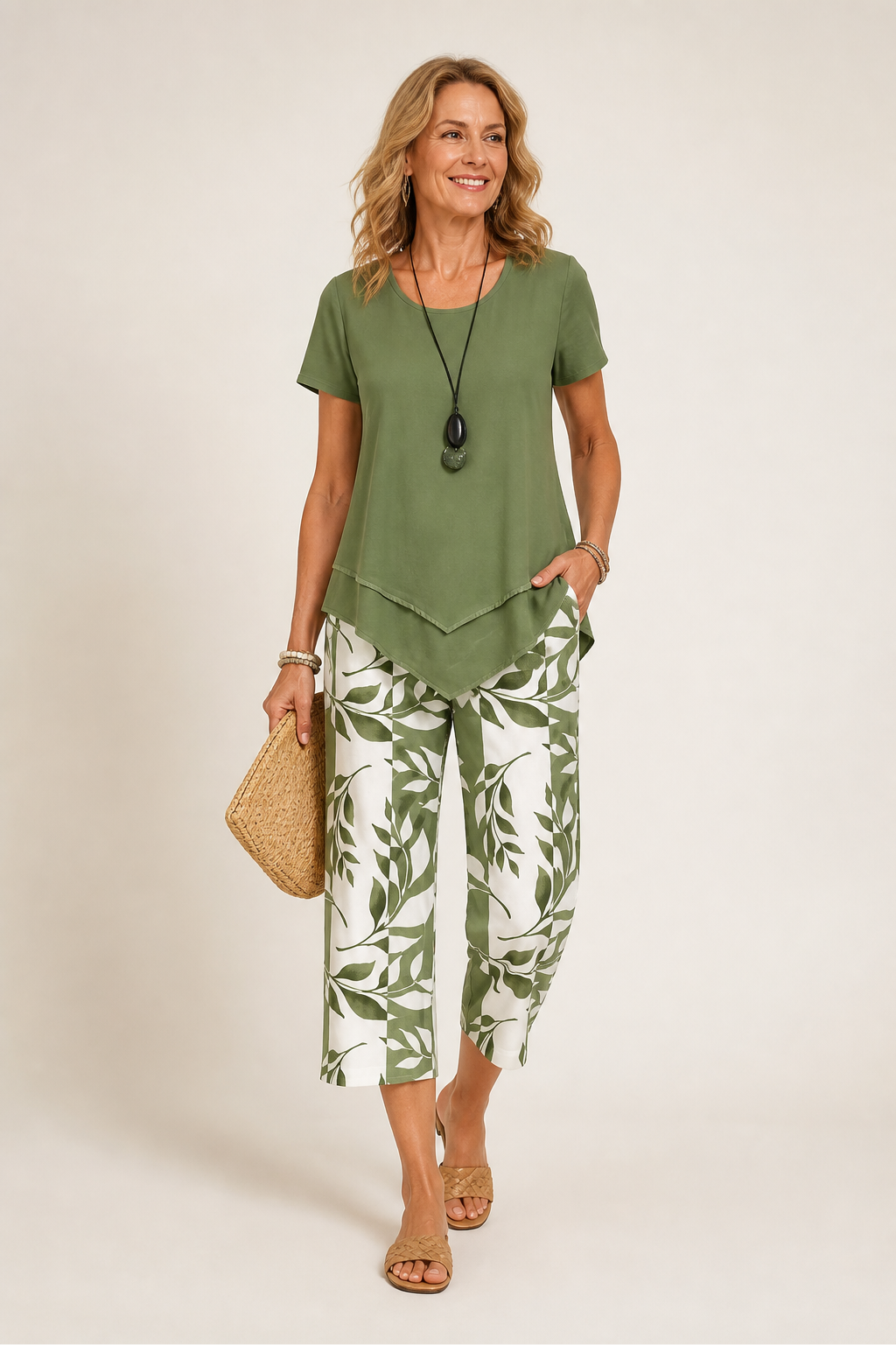 Leaf Print Two-Piece Pants Set