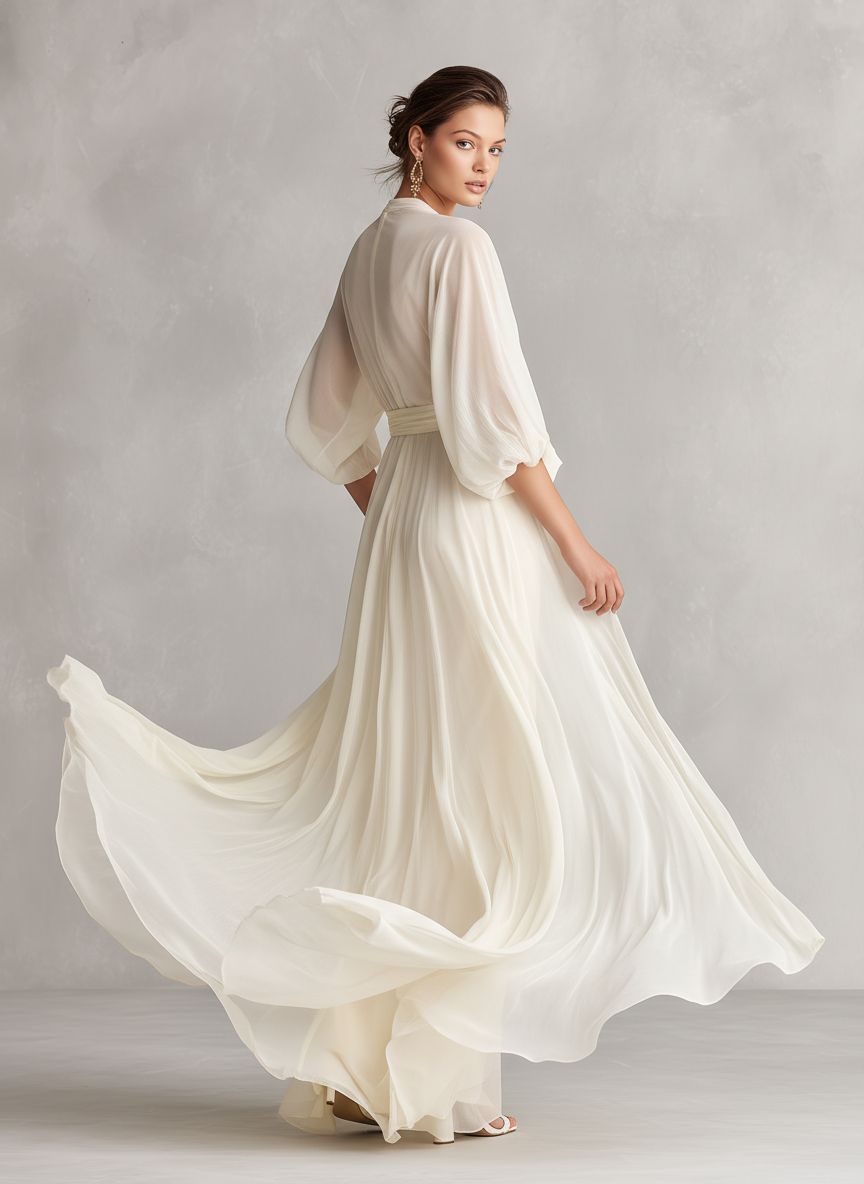 Ivory Sheer Chiffon Maxi Dress