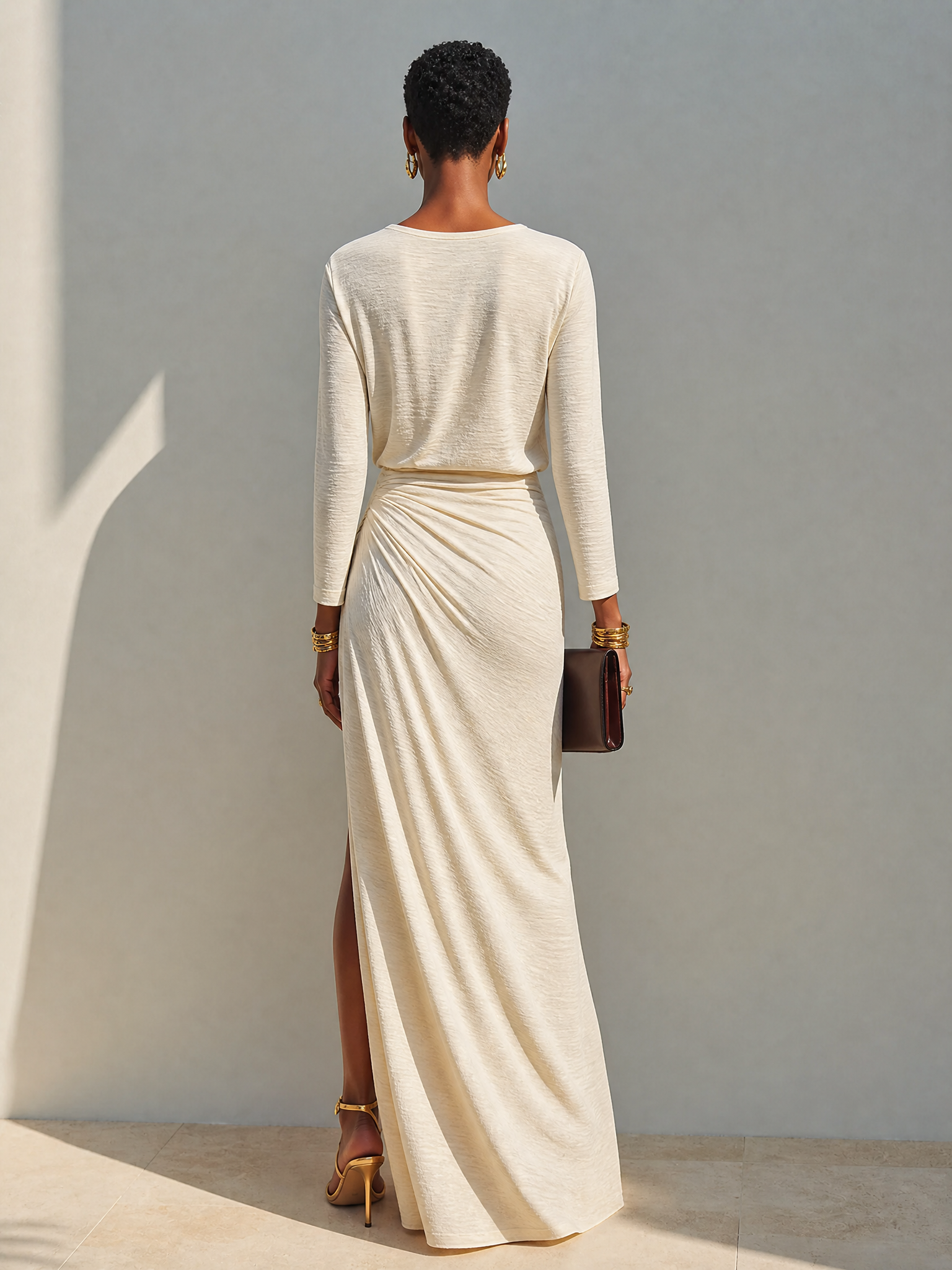 Beige Cotton-Blend Crew-Neck Slit Maxi Dress