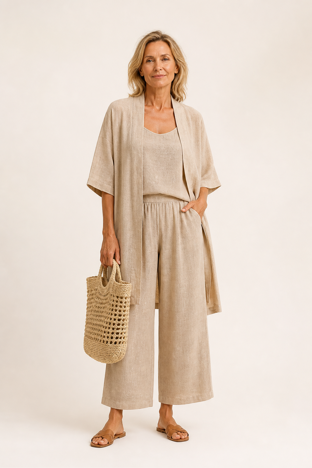 Minimalist Faux Linen Three-piece Pants Set