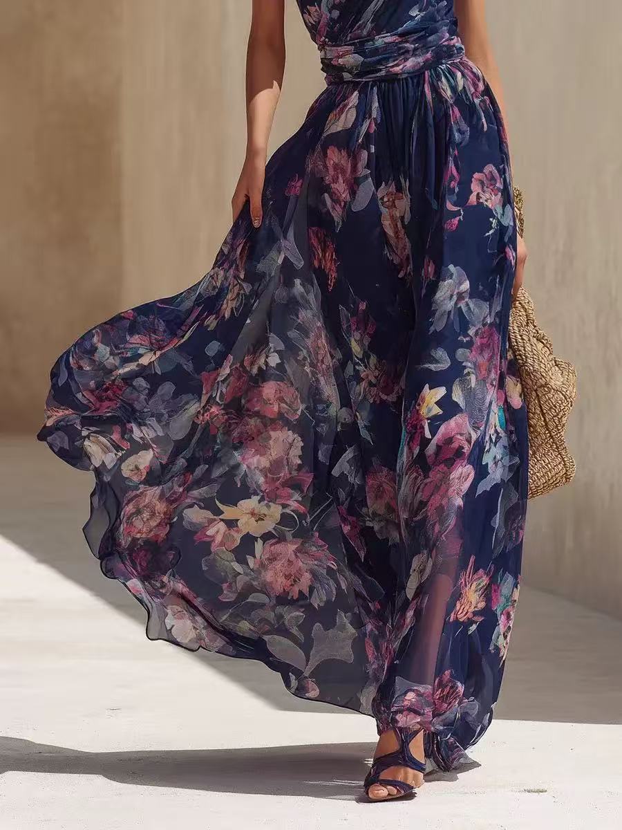 Navy Blue One-Shoulder Maxi Dress