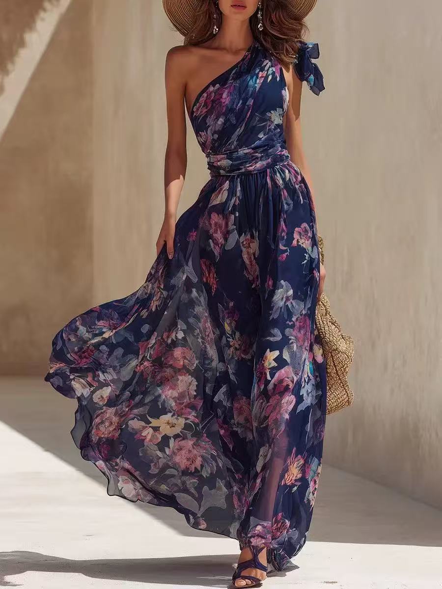 Navy Blue One-Shoulder Maxi Dress