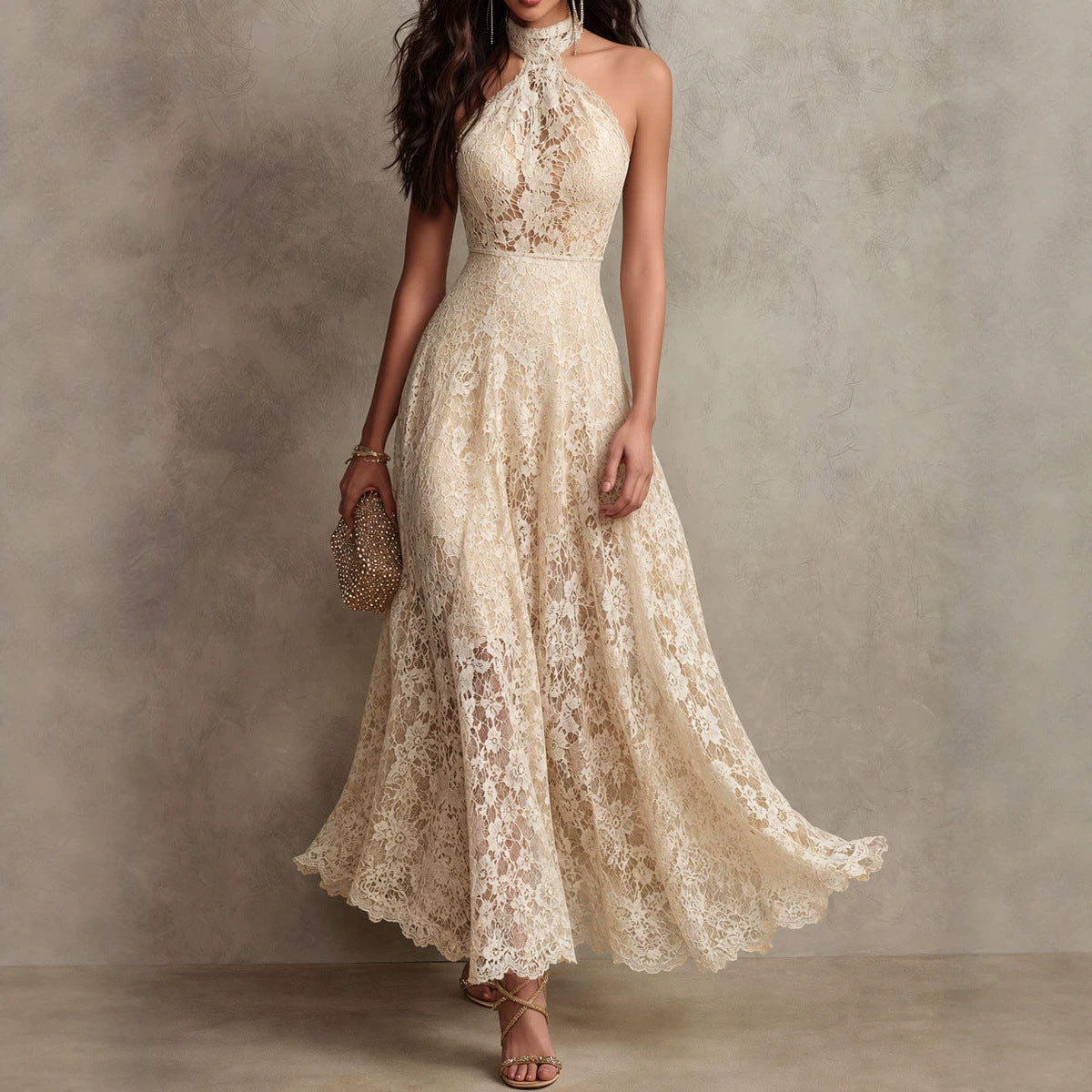 Floral Lace Halter Maxi Dress
