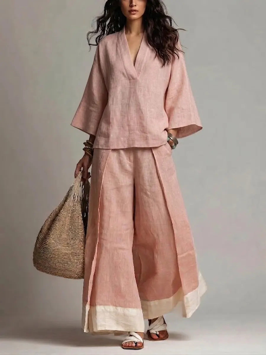V-Neck Wide-Leg Pants Set
