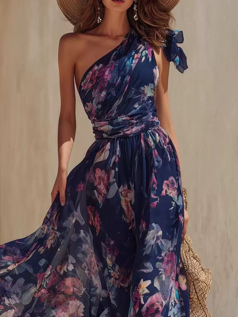 Navy Blue One-Shoulder Maxi Dress