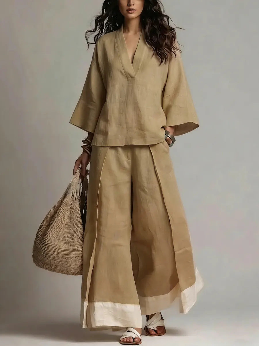 V-Neck Wide-Leg Pants Set