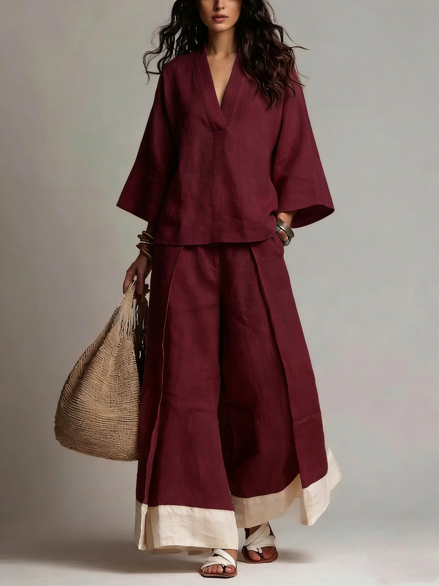 V-Neck Wide-Leg Pants Set