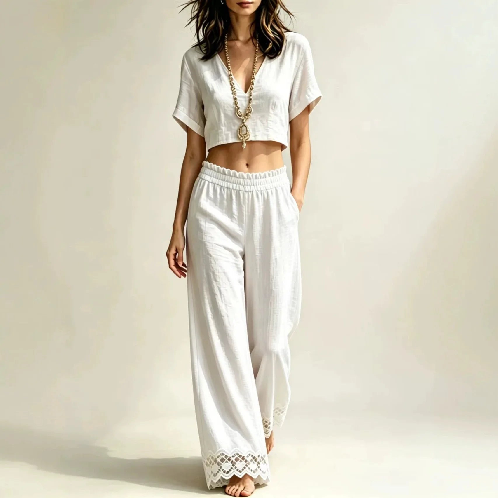 Cropped Top Lace Detail Pants Set