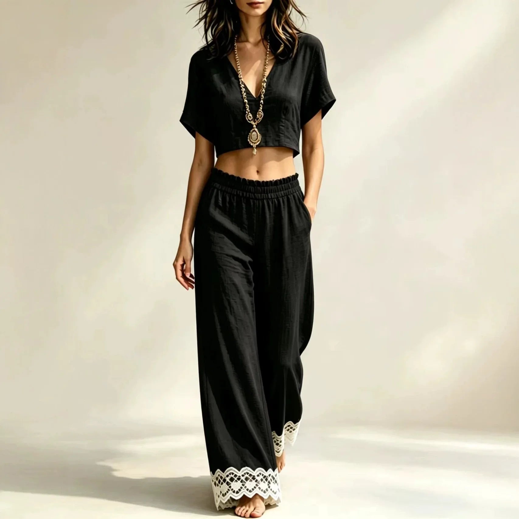 Cropped Top Lace Detail Pants Set