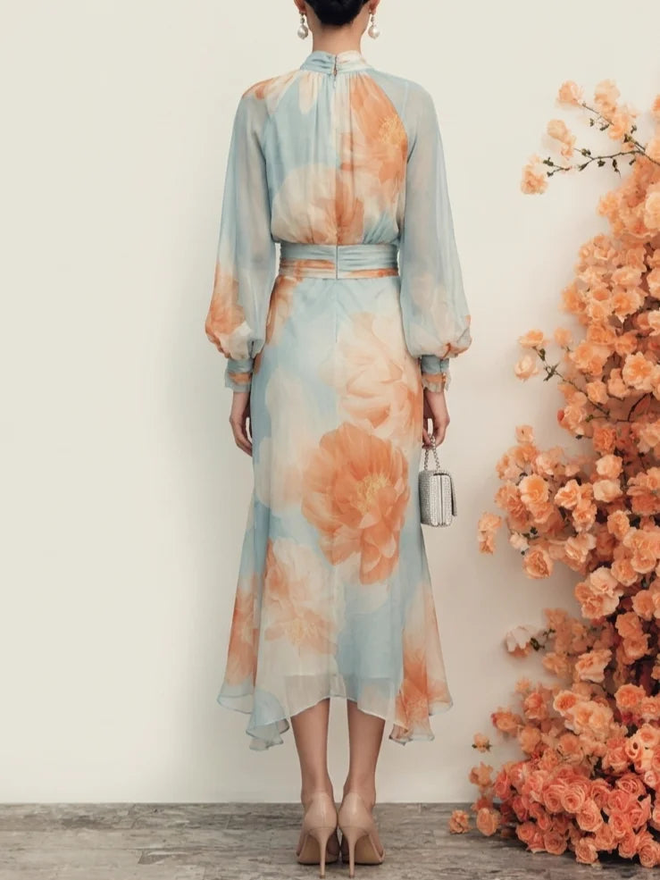 Romantic Floral Mock Neck Long Sleeve Top With Skirt Two-Piece Set