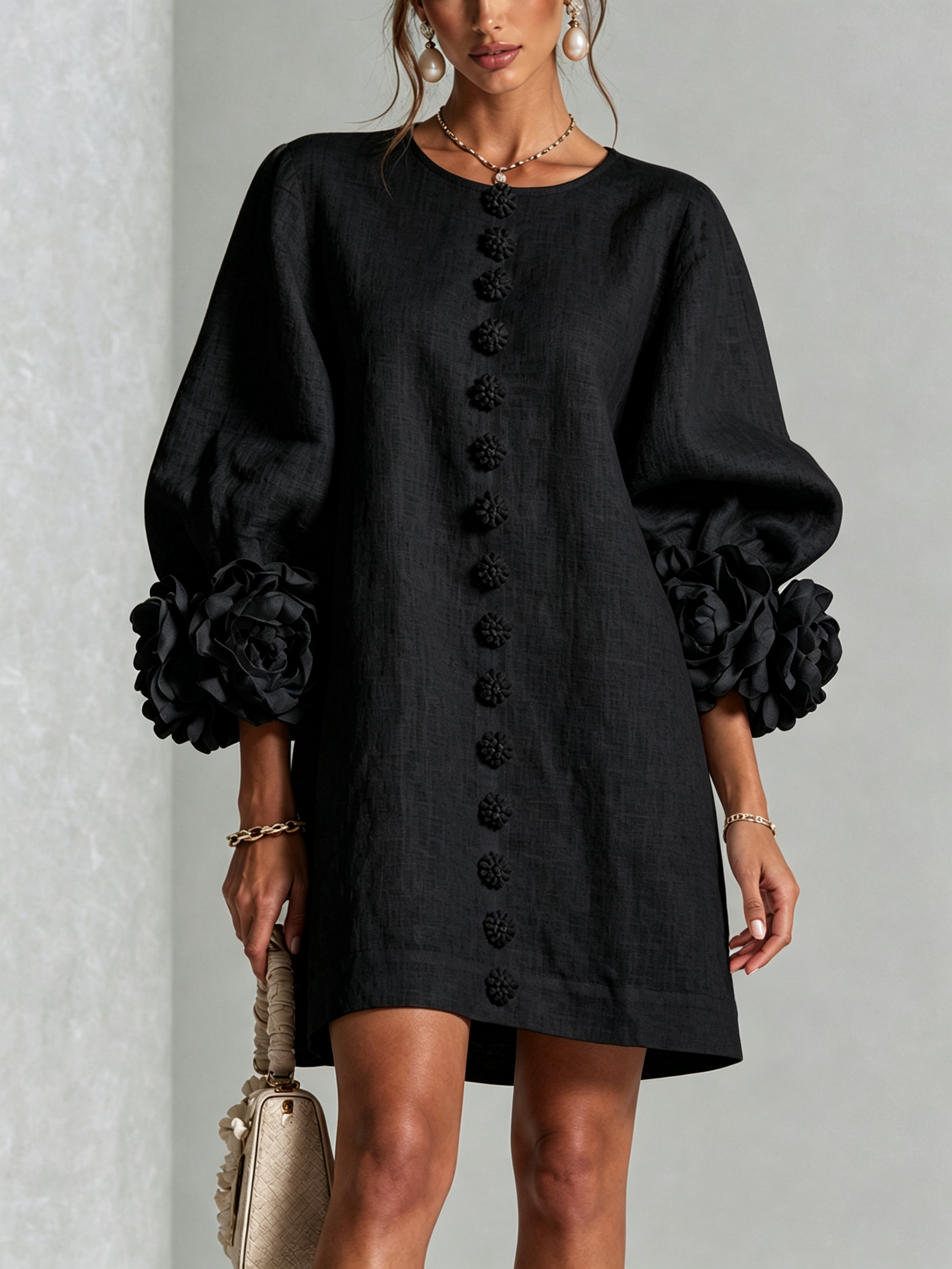 Rosalia Floral-Cuff Button Mini Dress