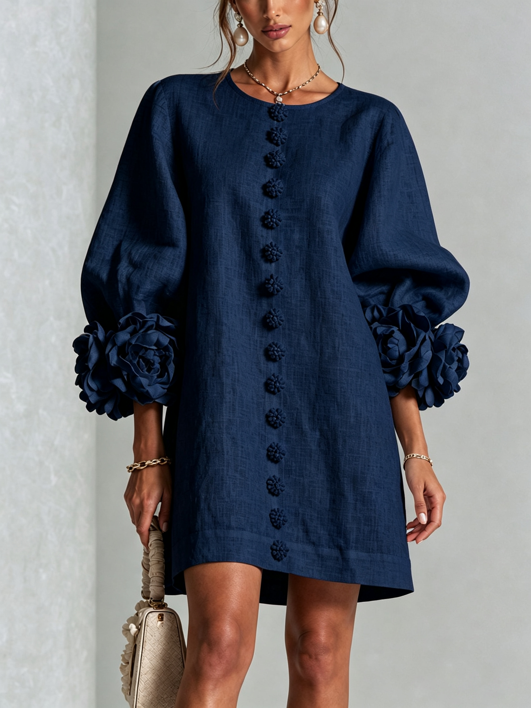 Rosalia Floral-Cuff Button Mini Dress