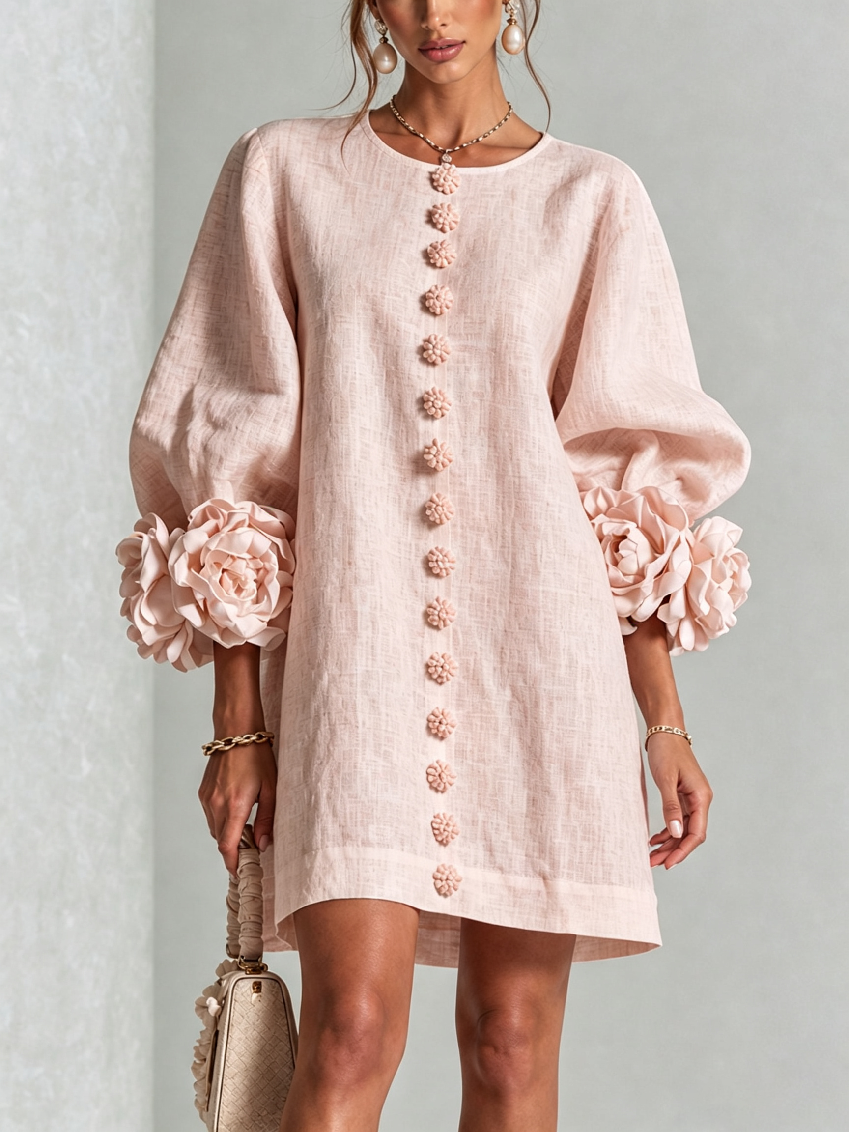 Rosalia Floral-Cuff Button Mini Dress
