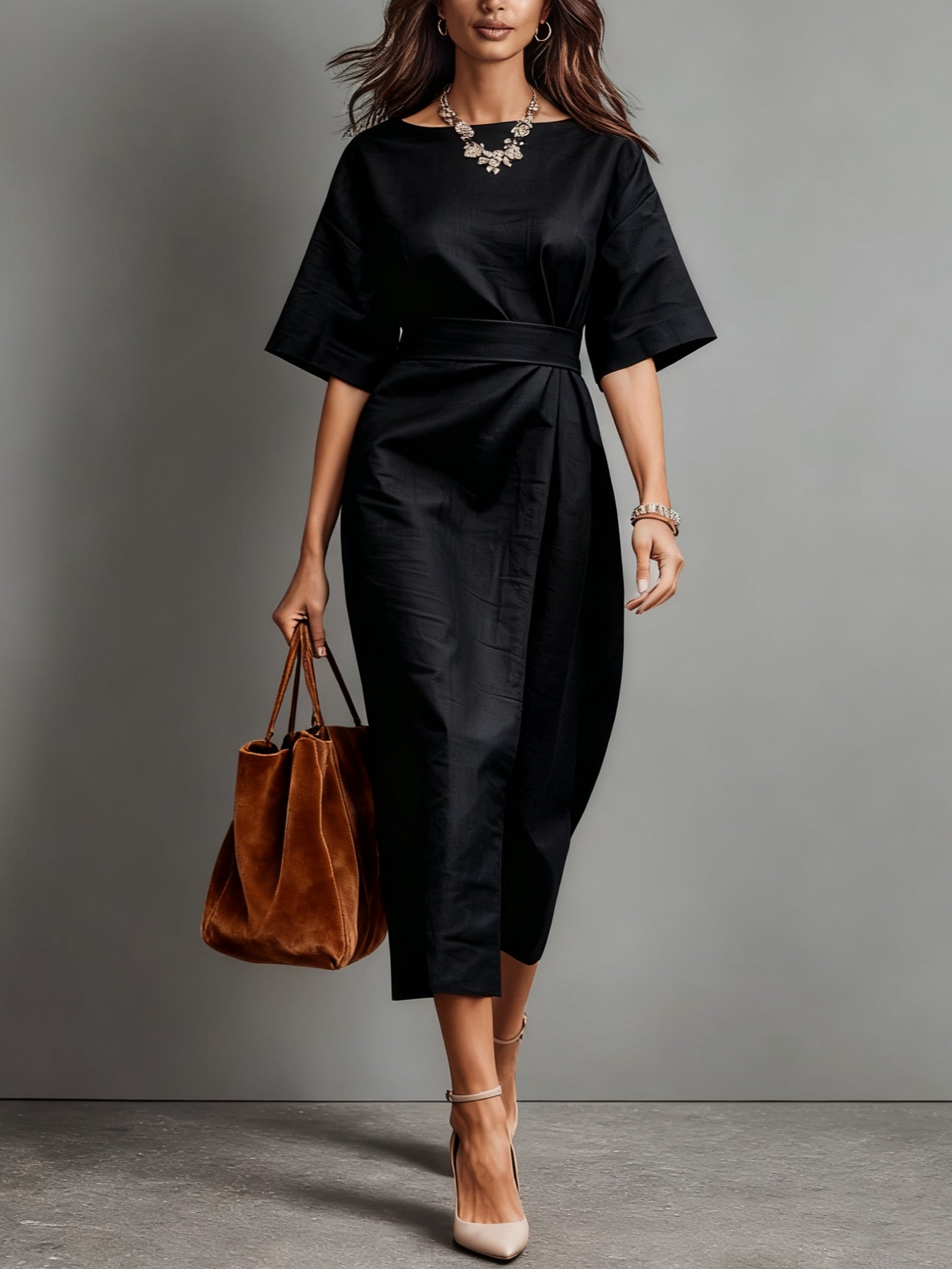Linen Boat Neck Tie Loose Dress