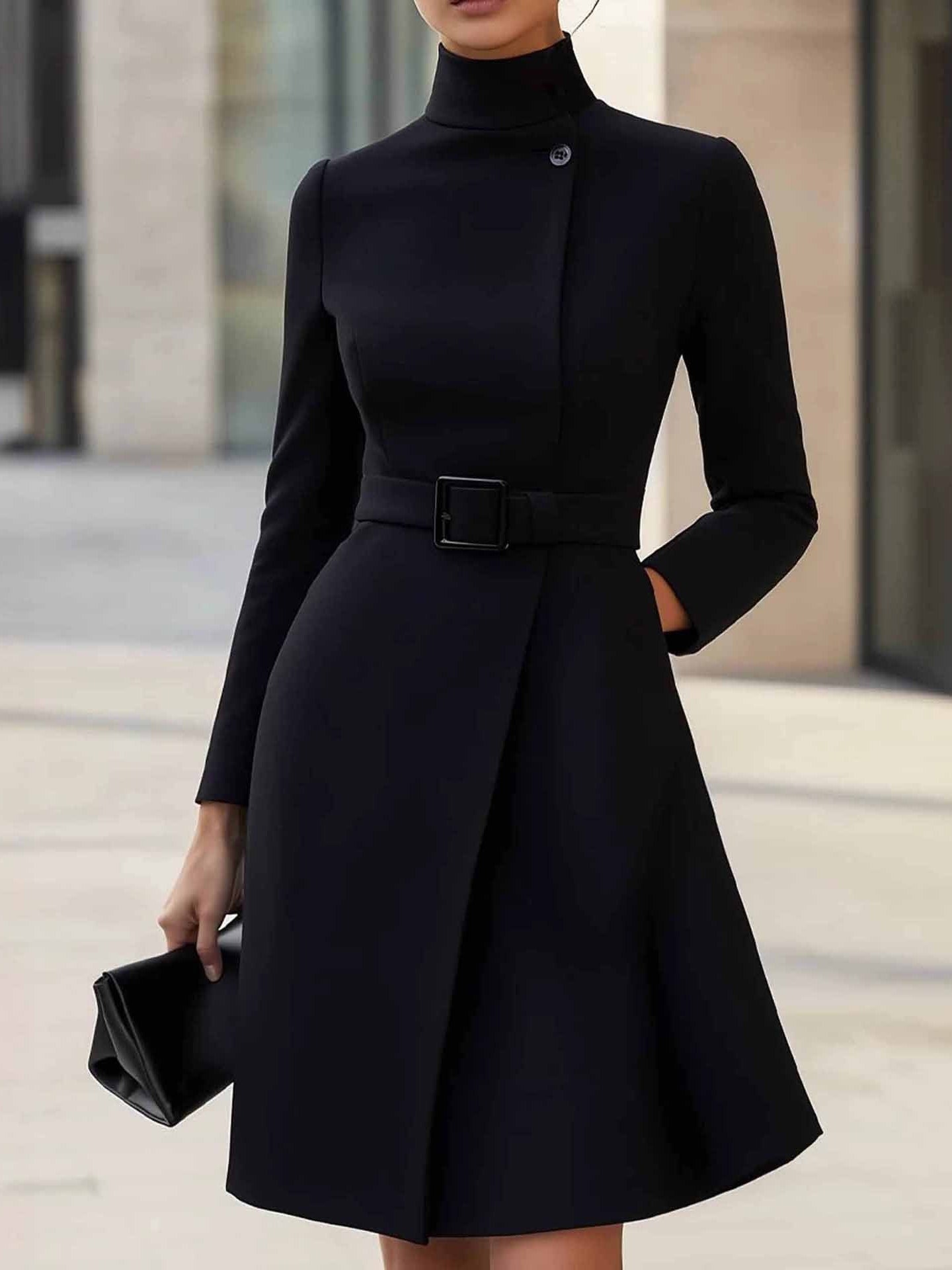 Elegant High-neck Tie-waist A-line Midi Dress (with belt)