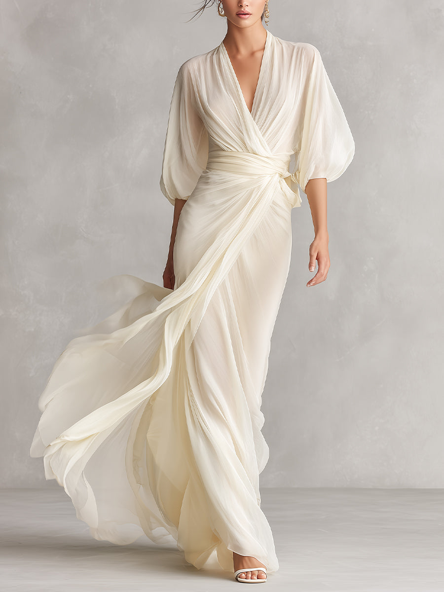 Ivory Sheer Chiffon Maxi Dress