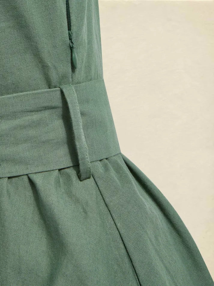 Midi Linen Dress, Half Sleeve, Linen Blend, Plain, Renaissance, Green