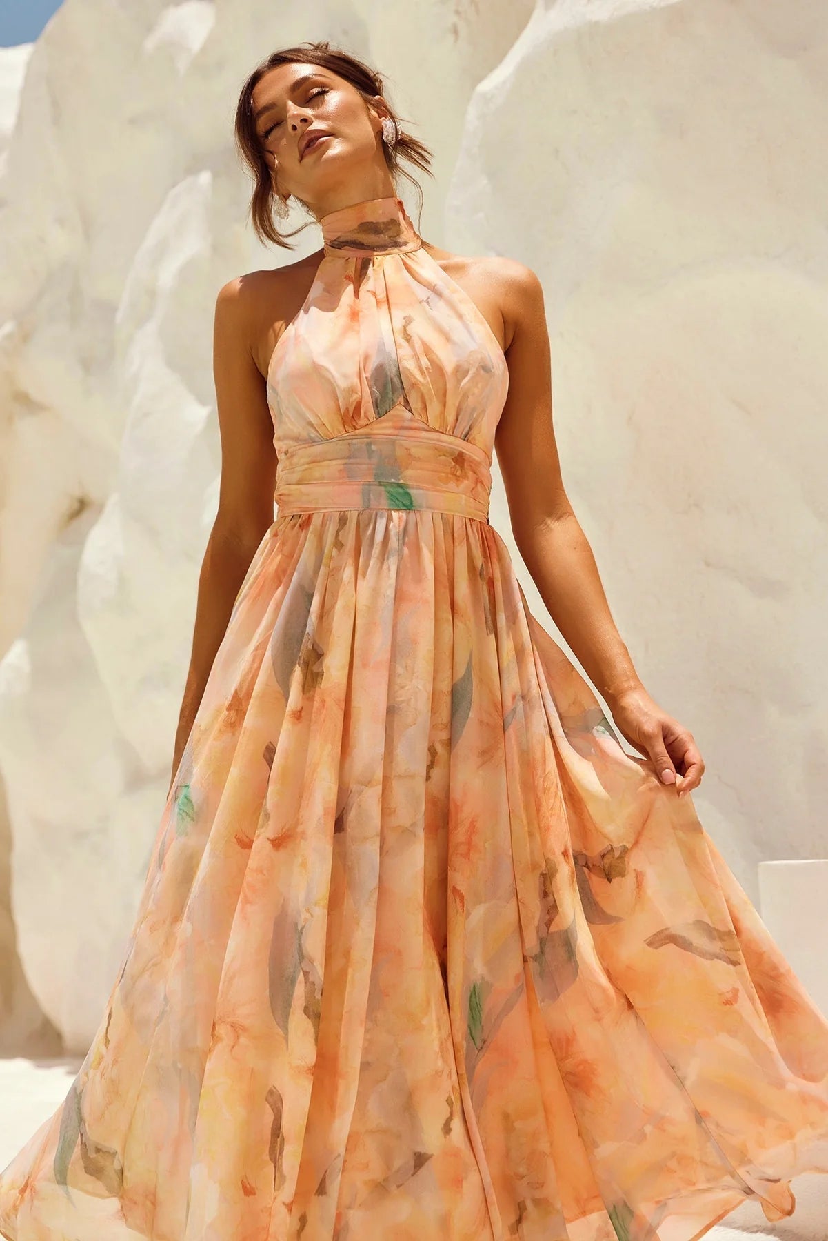 Alicia | Halter Neck Pleated Floral Print Maxi Dress