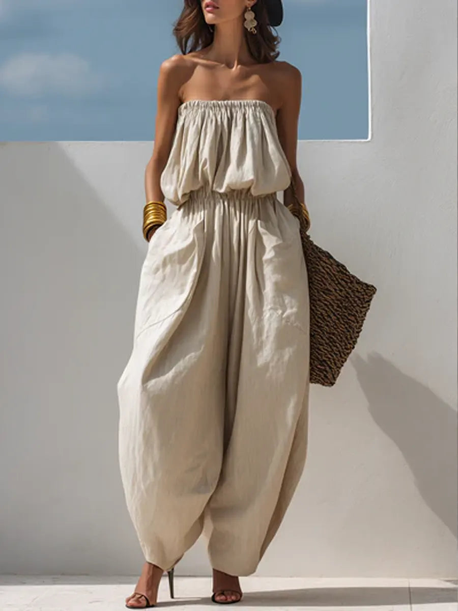 Casual Loose Sleeveless Tapered Cotton And Linen Jumpsuit